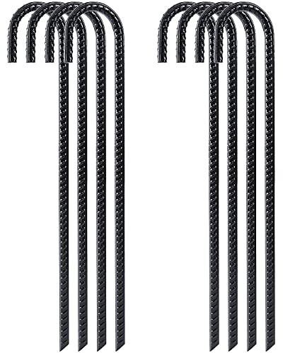 FEED GARDEN 16 Inch 8 Pack Rebar Stakes Heavy Duty J Hook, Galvanized Steel Ground Stakes Tent Stakes Ground Anchors, Chain Link Fence Stakes, Trampoline Stakes, Black