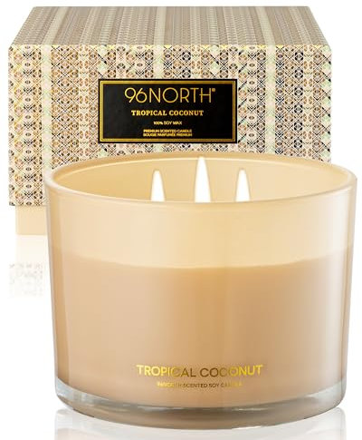 96NORTH Luxury Coconut Soy Candle | Large 3 Wick Jar Candle | Up to 50 Hours Burning Time | 100% Natural Soy Wax | Housewarming Gift for Women and Men