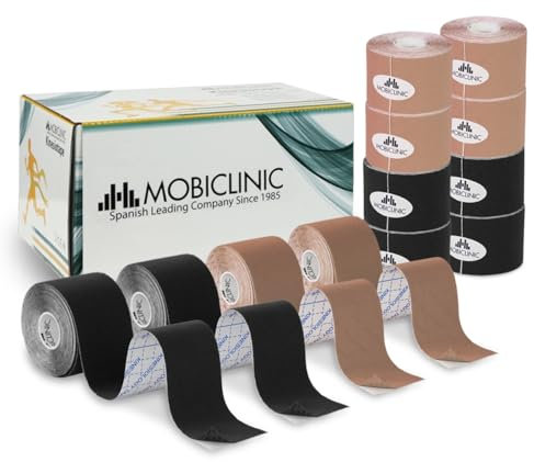 Mobiclinic®, 2 rotoli di kinesiotape, Benda elastica autoadesiva, 5m x 5cm, Tape sportivo, Alleviamento muscolare, Bendaggio kinesiologico, Nastro, Face taping viso, Nero e beige