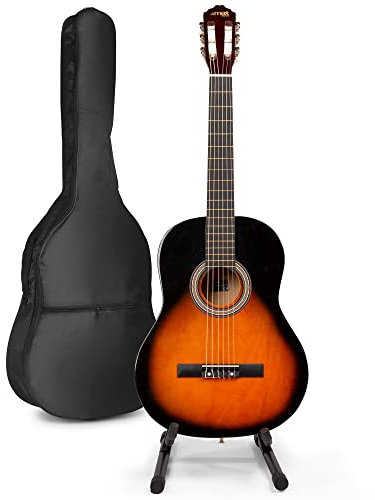 MAX SoloArt Konzertgitarre 4/4, Akustik Gitarre für Anfänger mit Tasche, Gitarrenständer, Stimmgerät, Plektrum, Gurt und Zubehör, Acoustic Guitar, Akustikgitarre in Sunburst