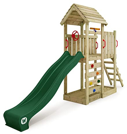 Parque Infantil WICKEY JoyFlyer con Techo de Madera y tobogán Verde, Torre de Escalada para niños de Exterior con arenero, Escalera y Accesorios de Juego para el jardín