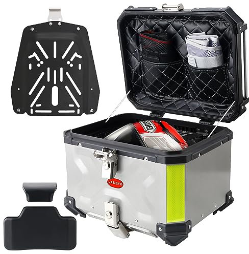 LASIEYO 45L Baúl de Moto, Aluminio Maletero de Moto Viajar Caja de Cola con Candado de Seguridad para Almacenamiento Casco Equipaje Grande, Impermeable Caja Superior de Motocicleta