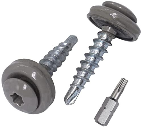 SKIR'CO (200 Stück) Dachschrauben 4,8 x 28 mm Lackierte selbstbohrende Schrauben mit EPDM Unterlegscheiben, Torx Kopf (Grau Aluminium RAL 9007)