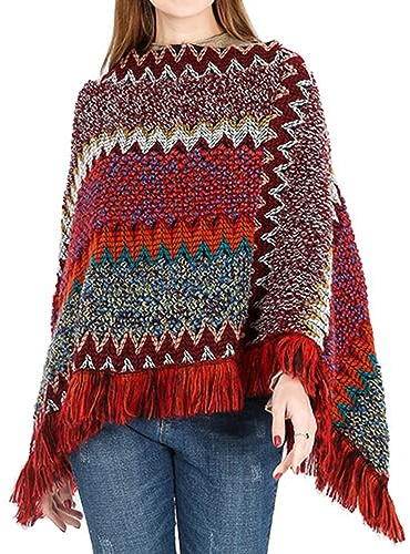 Jdlsppl Poncho para mujer, suéter de punto en zigzag, poncho mexicano para otoño, hippie, suave, con flecos, chal de ganchillo, capa asimétrica