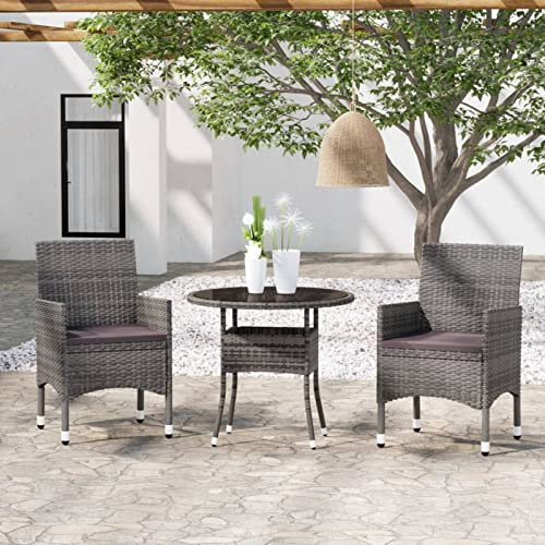 Tidyard 3-TLG. Garten Essgruppe, Polyrattan Balkon Set 2 Personen — Tisch mit Glasplatte & 2 Stühlen — Wetterfeste Balkonmöbel — Grau