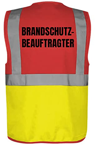 Fassbender-Druck WARNWESTEN - Sicherheitsweste ROT/GELB mit Taschen und Reißverschluss nach EN ISO 20471 zertifiziert - BRANDSCHUTZBEAUFTRAGTER - Unisex mit hochwertigem Reflektorstreifen