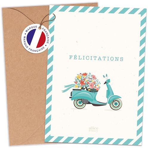 aliceandberry Carte Heureux Mariage - Félicitations Mariage - Voeux Cérémonie - Vespa Vintage Champêtre Original - Enveloppe kraft fournie
