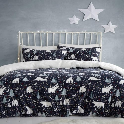 Fusion Christmas Duvet Cover – Single Size (140 x 200cm) – Starry Night & Polar Bear Design – Reversible – Navy Blue Festive Bedding with Arctic Bears & Trees – Includes 1 Pillowcase