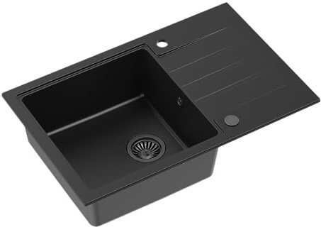 QUADRON Granitspüle Einbeckenspüle | Größe 78 x 50 x 20, Farbe: Pure Carbon | PETER 111 Einzelbecken Küchenspüle | Granit Spülbecken | mit manuellem Siphon und Abtropffläche