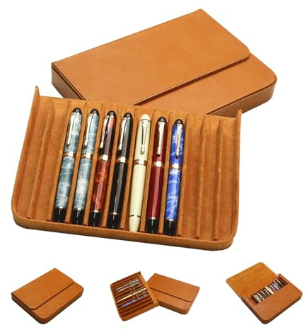 MIVLXLX Leather 12 Fountain Pen/Pencil Tray Case Organizer, Fashion Design, Handmade, Magnetic Closure with Drawer, Christmas Gift for Man/Woman/Office, 12 Slots(brown)
