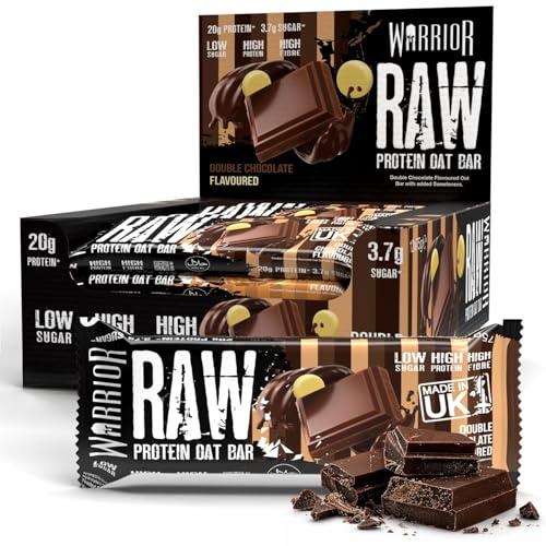 Warrior RAW Protein Bars 12 x 75g – 20g High Protein Bar, Low Sugar High Fibre Oat Protein Flapjack – Protein Snacks, Meal Replacement Bars (Double Chocolate)