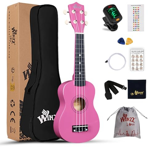 Winzz Ukelele Soprano Starter Kit para Principiante. Incluye: Funda, Afinador, Cuerdas Extra, Correa Ajustable, Púas, Pegatinas de notas, Guía de Acordes y Paño de Pulido. Color: Rosado