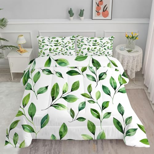 PNHCL Edredon Nordico Cama 180, Relleno Nordico 240x260 cm con 2 Fundas Almohada, Plantas Verdes Reversible Edredón de Fibra 240gr/m², Ligero, Suave, Transpirable para 4 Estaciones, Blanco