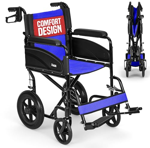 Lightweight Folding Wheelchair 18in Seat - Transit Chair, Footrests, Blue | 13kg frame, 120kg user capacity, Folds to 21cm, 12in rear wheels, Puncture proof tyres, Cushioned armrests