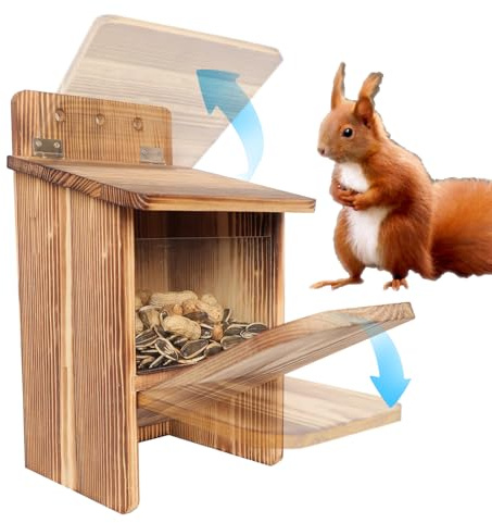PFNRTH Wippe Eichhörnchen Futterhaus,Herausfordernd Eichhörnchen Haus aus Holz Für Draußen,Karbonisiertes Holzmaterial