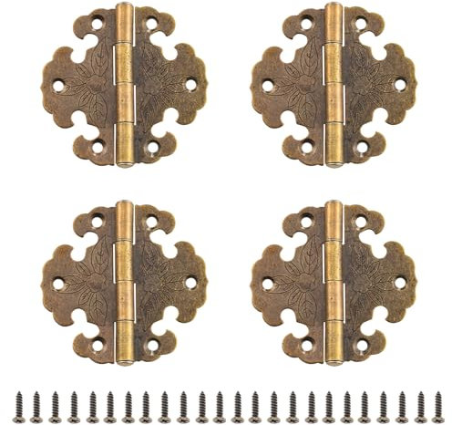 Xiciki 4 Pièces Charnières Antiques, Charniere Porte Placard Vintage avc 24 vis, Charnières Vintage en Bronze pour la Décoration D'armoires de Portes en Bois, Bibliothèques, maison campagne vintage