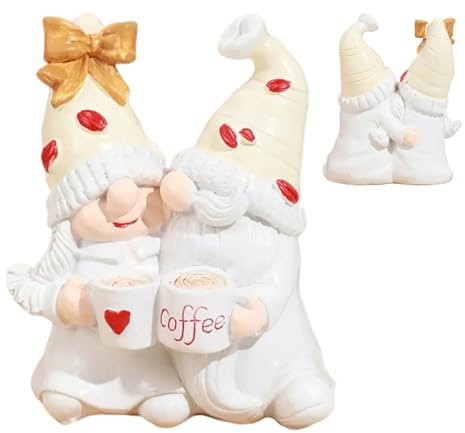 Statua di coppia di gnomi, decorazione gnomo caffè, scultura gnomo in resina, statuetta da collezione, ornamento gnomo interno, statua gnomo all'aperto, decorazione domestica gnomo, statuetta gnomo da