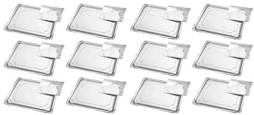 Acan Tradineur - Pack de 12 bandejas rectangulares de cartón con blonda, Fuente reciclable para Pasteles con Encaje de Papel, decoración de Fiestas, presentación de postres (Plata - 34 x 42 cm)