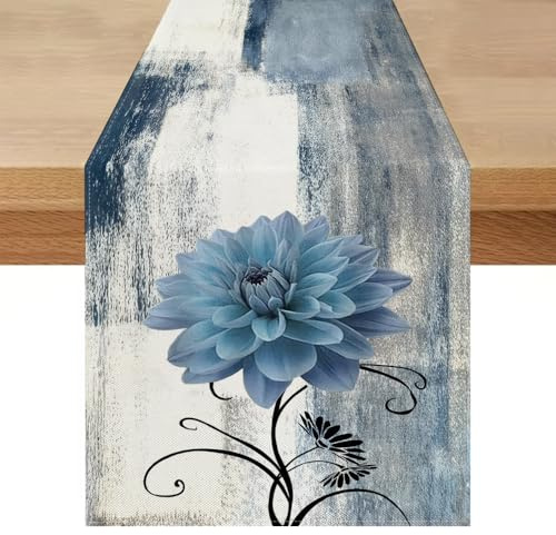 Camino de Mesa Moderno Gris Verano Exteriores 33 x 183 Estilo Campestre Flores Azul Claro Retro Lavable Centro de Mesa Decorativo para Cocina Mesas de Comedor Fiesta Otoño Interior y Exterio