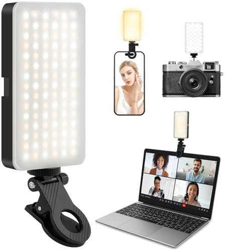 LOPHE Luz de Vídeo LED, Luz de Relleno Móvil con Clip, 2000mAh Recargable, Luces Portátil para Videoconferencia, iPhone, iPad, Computadora y Cámara, Montable, Lámpara Selfie con 3 Modos(1 Pc-Negra)