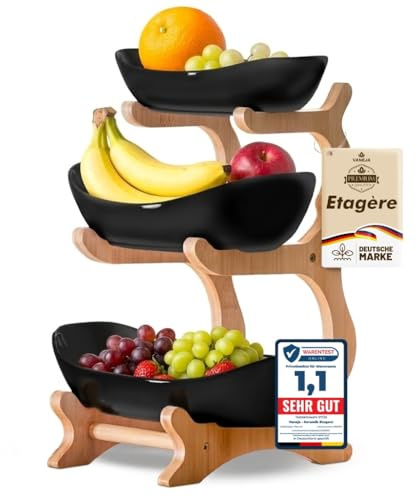 VANEJA® Obst Etagere 3 stöckig SCHWARZ KERAMIK mit Bambusständer, Servierständer für Obst Snacks Gebäck, elegante Schalenständer Obstschale modern für Küche und Wohnzimmer