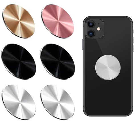 PUERFOCA 6 Piezas Láminas Metálicas para Soporte iman movil Coche, Láminas Metálicas Muy Finas Placas con Adhesivo, Redondos Placas de Metal de Repuesto de Soporte Magnético con Adhesivo
