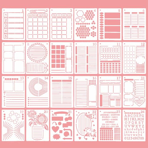 24 Stück Wiederverwendbares Zeichenschablone, Bullet Schablonen Set, Tagebuch Zeichen Schablonen, Kunststoffjournalschablonen, Für Notizbuch, Tagebuch, Scrapbook, DIY Fotoalbum Dekoration