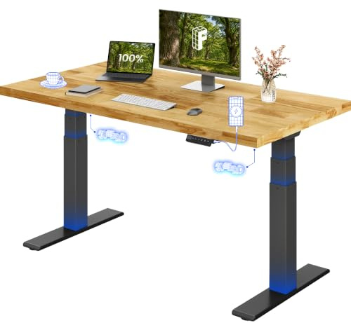 FLEXISPOT Höhenverstellbarer Schreibtisch mit Massivholzplatte 140×80 cm | Doppelmotor, hohe Tragkraft, großer Verstellbereich & einteilige Tischplatte, Computertisch E200 + Eichen-Massivholzplatte