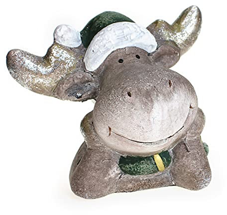 TEMPELWELT Deko Figur Rentier Elch Elchkopf 12,5 cm, Keramik braun beige grün Gold, lustige Dekofigur Elch Rentierfigur mit Tanne Winterdeko Weihnachtsdeko