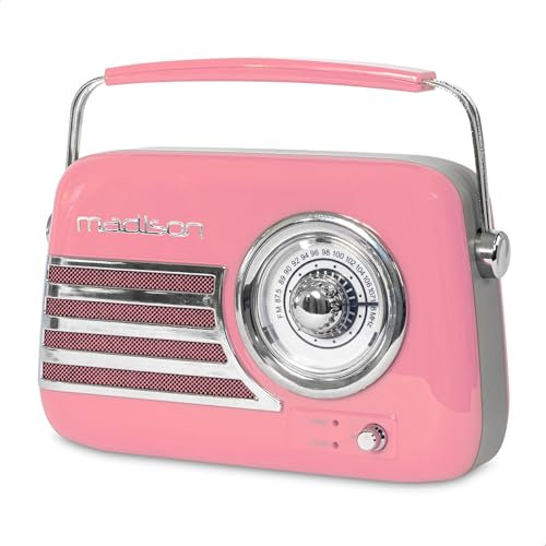 MADISON - FREESOUND-VR40P - Radio Vintage de 30W sur Batterie Longue autonomie avec Bluetooth, USB et FM - Rose