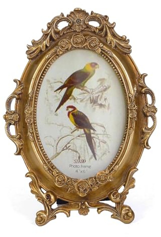 SIKOO Vintage Ornate 4x6 Gold Picture Frame Oval Antique TableTop Wall Mounting Photo Frame with High Definition Glass Front for Home Decor, Old-Fashioned Photo Gallery, Art,Gold