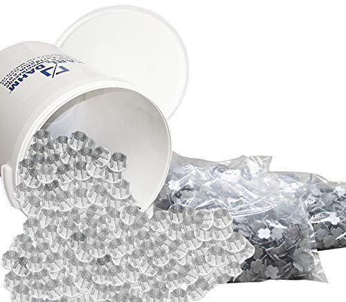 Karl Dahm Fliesen Nivelliersystem Levelmac Set für 1 mm Fugen: 150 transparente Zughauben für Fliesenstärke 3-12 mm + 1500 Gewindelaschen + Eimer I Professionelle Fliesen Verlegehilfe – 12549