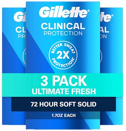 Gillette Clinical Antiperspirant and Deodorant for Men, 72hr Sweat & Odor Protection, Long Lasting Freshness, Anti-White Mark Technology, Soft Solid, Ultimate Fresh Scent, 1.7 oz (Pack of 3)