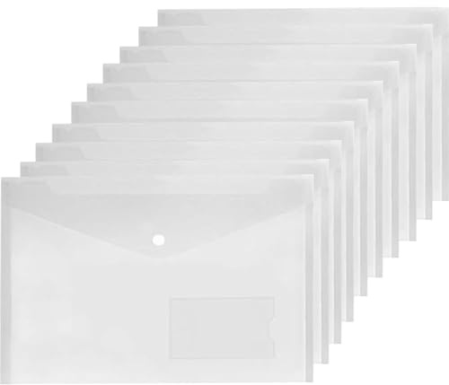 A4 Plastic Wallets, 10 Pack Clear Folders Plastic File Folder Document Wallets Envelope Folders with Label Pocket and Button for School, Home, Office, Travel and Stationary Supply(Transparent)