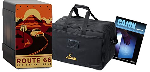 XDrum Design Series Cajon Route 66 Set - Cajon design avec impression vintage - Bass port intégré - Corps en HPL effet caisse à bananes - Effet snare - incl. sac et école de cajon
