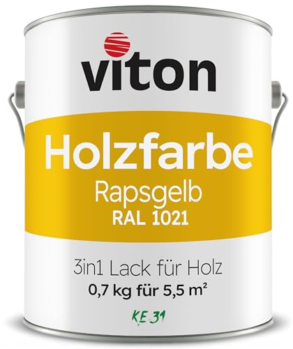Viton Holzfarbe in Gelb - 0,7 Kg Holzlack Seidenmatt - Wetterschutzfarbe für Außen - 3in1 Grundierung & Deckfarbe - Profi-Holzschutzlack - KE31 - RAL 1021 Rapsgelb