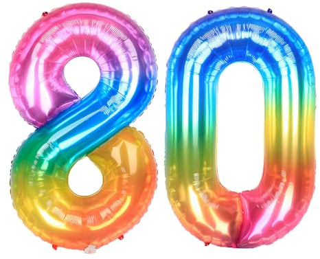 Ponmoo 40 inches Foil Balloons Numbers 80 Neon Rainbow (101cm), Inflatable Helium or Air, Giant Balloon Number 0-9, 10-29, 30-100, Grand Balloons for Anniversary Wedding Birthday Party Decoration