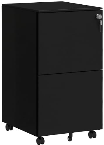 Vinsetto 2-Drawer Filing Cabinet with Lock and 5 Wheels, Steel Mobile File Cabinet, for A4, Legal and Letter Size, Pre-Assembled Body, Black