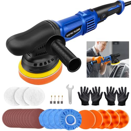 1200W Machine à Polir - Polisseuse Voiture Orbitale - Polisseuse 125mm Double Action - avec 8 Polissage Pad, 12 Papier de Verre, 5 Chapeau de Polissage, Poignée Amovible