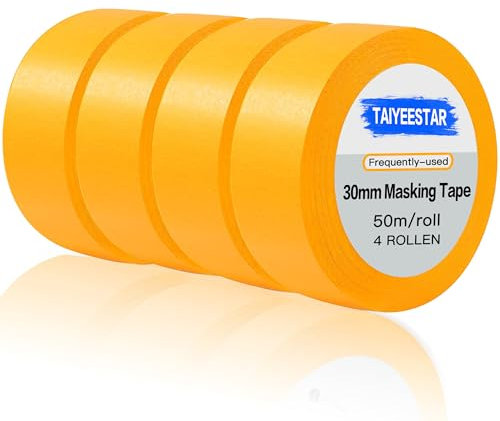Taiyeestar 4 Rollen Malerkrepp, Goldband Klebeband, Profi-Kreppband für Malerband, Abdeckband Malertape Klebeband Washi Tape Gold Papiertape Selbstklebend (30 mm x 50 m)