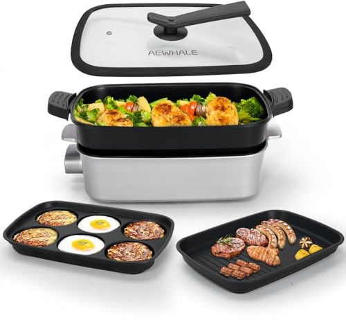 AEWHALE 3 en 1 Sartén Multifuncional Grill Eléctrico,Sartén eléctrica con tapa de cristal 1500W Revestimiento Antiadherente,Superficie Extraíble y asas de tacto frío Sartén eléctrica para Panqueques