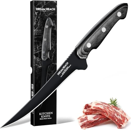 Dream Reach Coltello per Filettare Affilato per disossare Carne, Pesce e Ossa, Coltelli da disosso Lama in Acciaio ad Alto Carbonio, Manico Ergonomico in Legno Nero