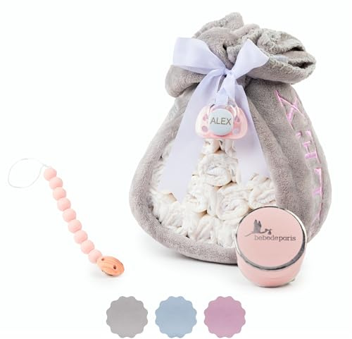 Tarta de Pañales para Recién Nacida con Manta Gris Bordada con nombre + 15 pañales Moltex Premium | ecológicos | Talla 2 (3 a 6 Meses) + Chupete Personalizado (Rosa) | BebeDeParis