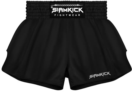 SIAMKICK Elite Muay Thai Shorts for Men Women Boxing Kickboxing High Grade MMA Fight Clothing Training Workout Trunks, Core Black, Medium