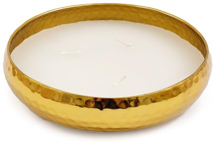 Round Gold Metal Display Bowl with Candle | 3 Wick Vanilla Scented Candle & Holder | Vanilla Fragrance - 16cm