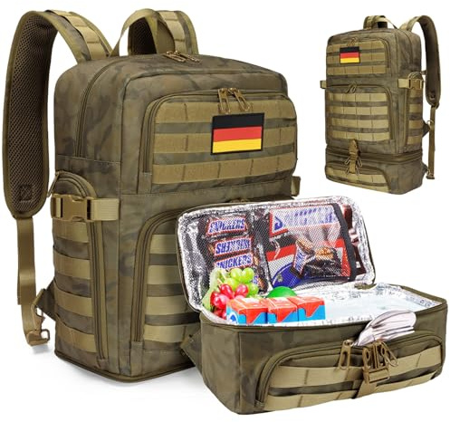 BERTASCHE Lunch ryggsäck, laptopryggsäck med kylväska, 2-i-1 arbetarryggsäck för män, arbete, universitet, picknick, molle, militär, svart, kaki, 15.6 Zoll