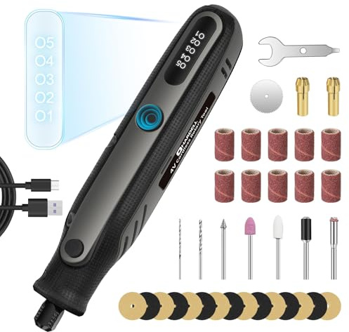 HARDELL Mini outil rotatif à affichage numérique, 4 V, avec 37 accessoires, idéal pour la gravure et le polissage