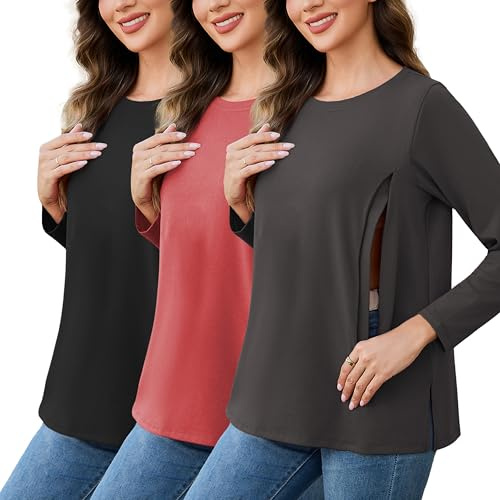 Love2Mi Lot de 3 t-shirts d'allaitement pour femme avec fermeture éclair Hauts amples d'allaitement Tops de maternité Haut d'allaitement de grossesse, M