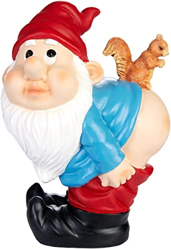 Garden Gnome Shows His Butt - Cheeky Gnome with Lowered Trousers and Squirrel - Funny Garden Figur - Weatherproof Decoration for Garden Camping and Outdoor - 8 ihes tall