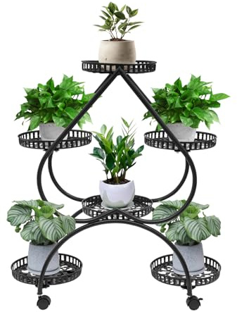 TTISJHK Soporte para plantas con 4 niveles y 6 estantes, diseño en forma de corazón, estante para plantas de hierro con ruedas, soporte para macetas de metal, estable e inoxidable, estante para flores